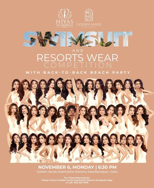 See you tonight at 6 PM at Golden Sands Destination Resorts for the Hiyas ng Pilipinas 2023 Swimsuit and Resorts Wear Competition