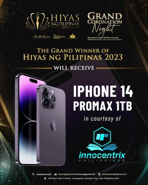 iPhone 14 promax 1 TB awaits our grand winner of Hiyas ng Pilipinas 2023 from our presenter, the IT Center of the Philippines, Innocentrix Philippines.